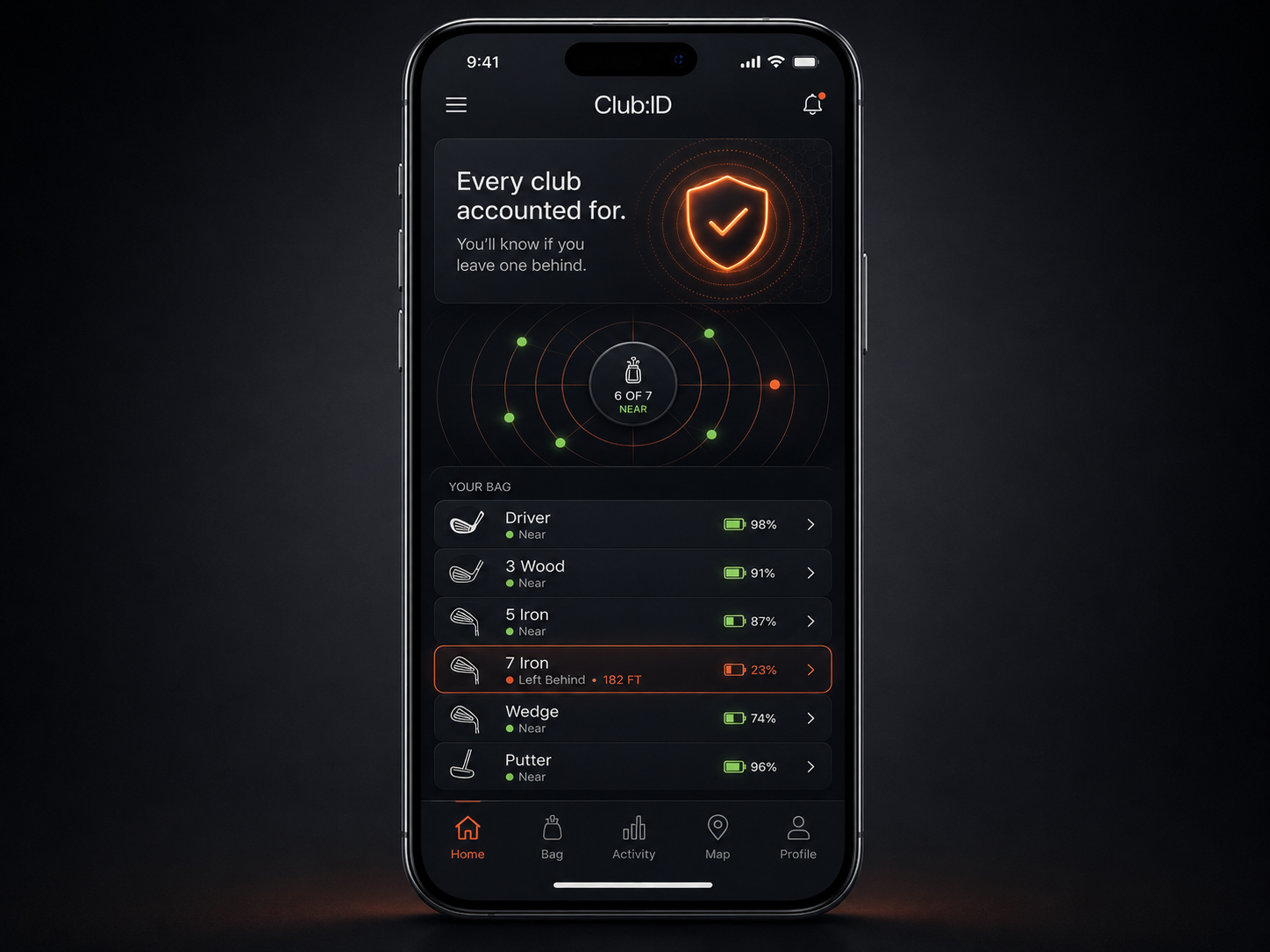 Smartphone screen displaying a golf club tracking app with a list of clubs and their proximity and battery status, including a warning for a left-behind iron club 182 feet behind.