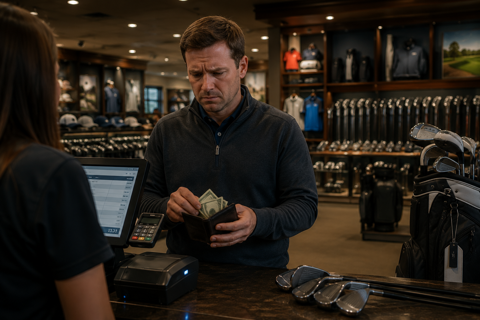 A man purchasing golf equipment at a store counter, holding cash, with golf clubs and apparel in the background.