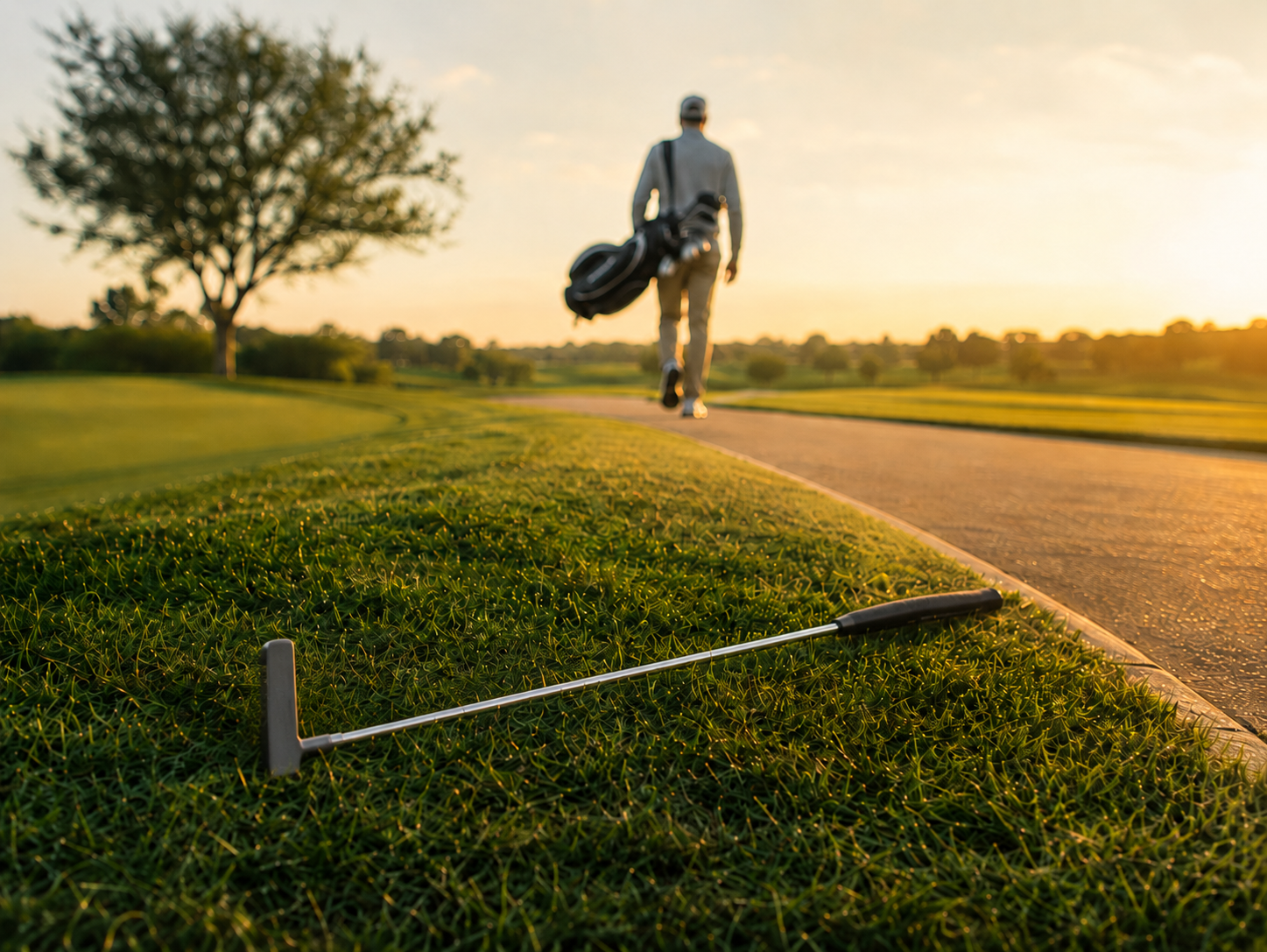 Golf club left around the green with a golfer walking away in the background carrying a golf bag at sunset.