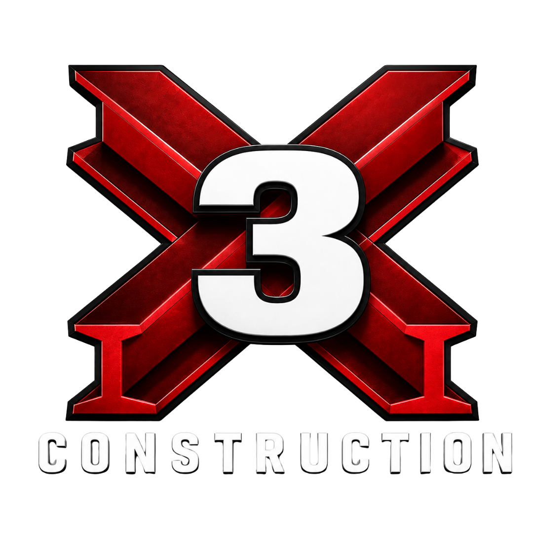 Logo for X3 Construction with a large white number 3 over a red three-dimensional X, and the word 'CONSTRUCTION' in white capital letters below.
