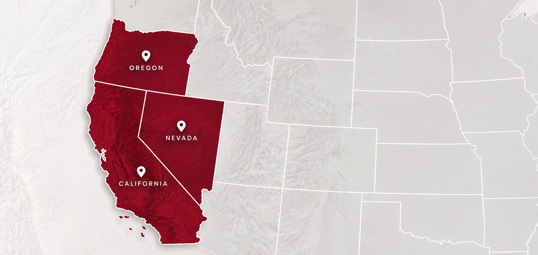 Map of the western United States highlighting Oregon, Nevada, and California in red, with labels and location pins on each state.