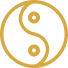 A gold yin-yang symbol with swirling patterns on a black background.