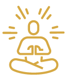 A simple line drawing of a person sitting cross-legged in a meditation pose with a glowing aura around their head.