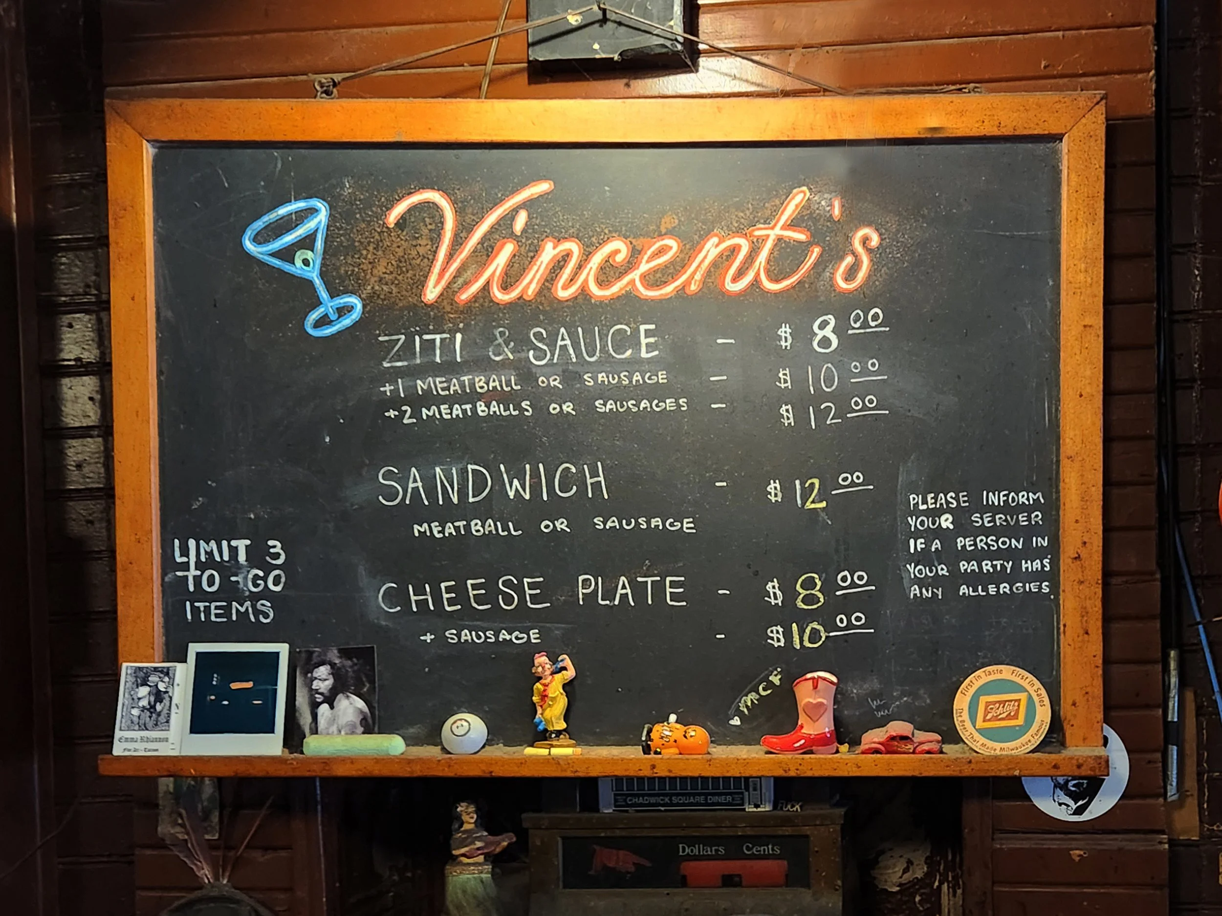 ziti & sauce: $8 ziti & sauce + one meatball or sausage: $10 ziti & sauce + two meatballs or sausage: $12 Sandwich with meatball, sausaage, or combo: $12 Cheese Plate: $8 Cheese Plate + sausage: $10