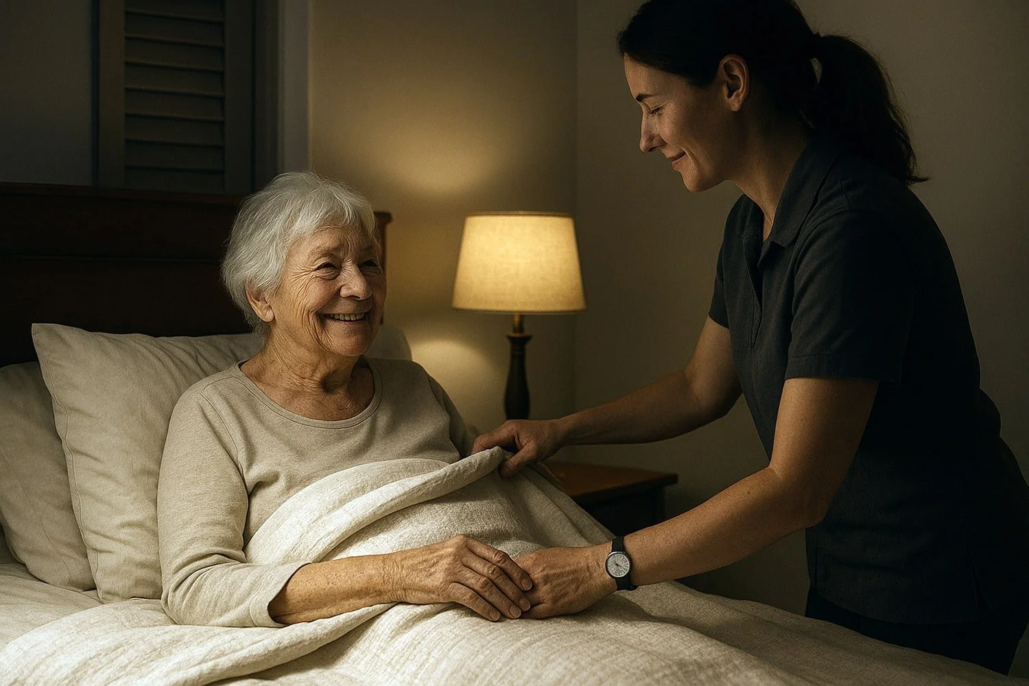 Une femme âgée souriante dans un lit avec une infirmière ou une aidante bienveillante lui tenant la main dans une ambiance chaleureuse et intime, éclairage doux et une lampe de chevet