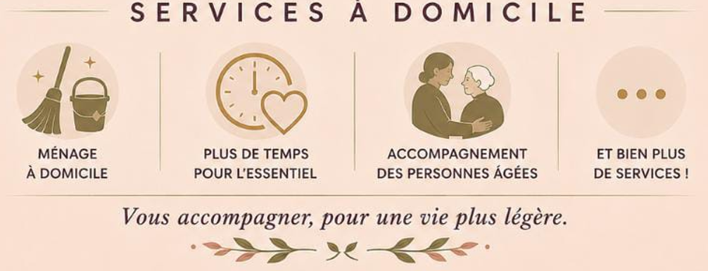 Flyer ou affiche présentant des services à domicile tels que ménage, accompagnement des personnes âgées, plus de temps pour l'essentiel, et d'autres services, avec une phrase incitative sur la vie plus légère.