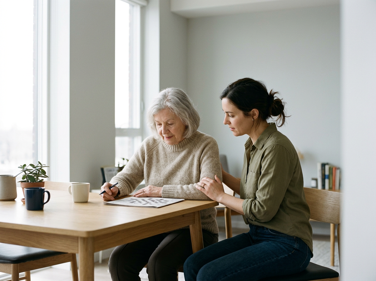 Une femme âgée assise à une table, écrivant ou dessinant dans un magazine, assistée par une femme plus jeune qui la soutient. La scène se déroule dans une pièce lumineuse avec des plantes et des livres en arrière-plan.