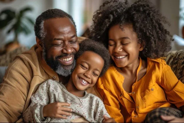 Un homme et deux enfants souriants et qui rient ensemble, assis sur un canapé dans un salon, partageant un moment joyeux.