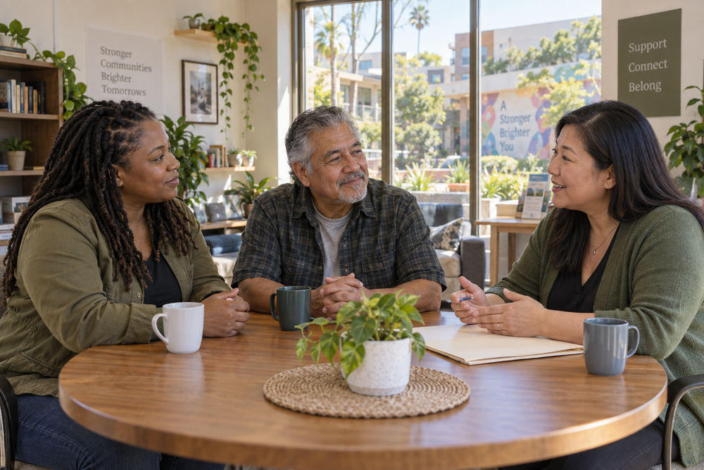 Three adults of different ages sharing a welcoming conversation in a community space.