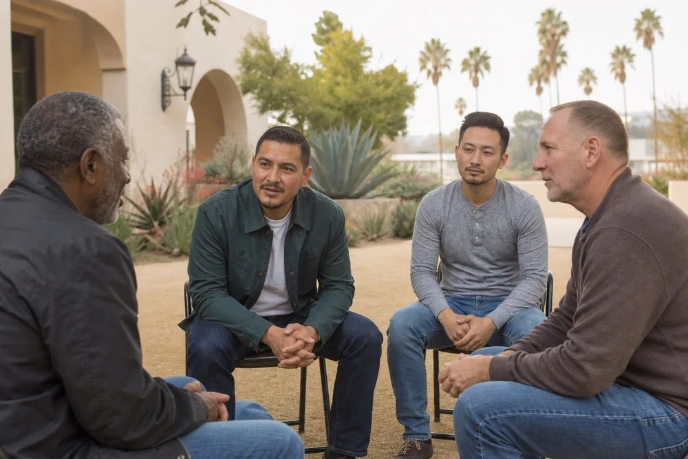 Four men seated outdoors in a peer-support conversation.
