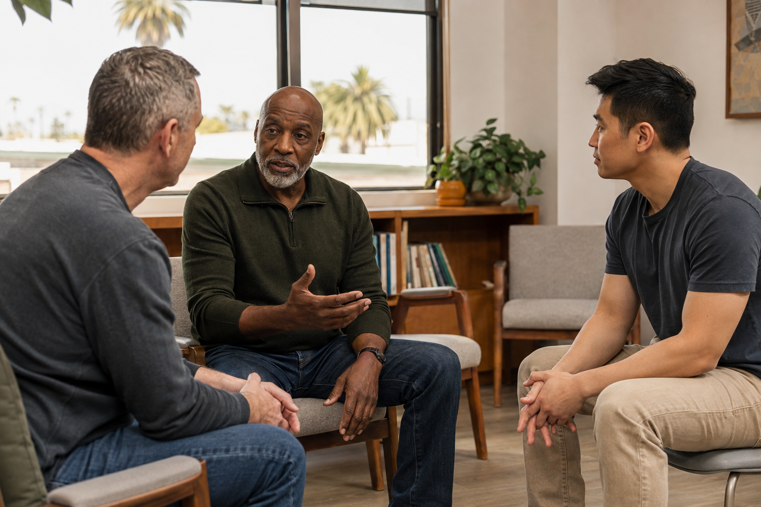 Three men seated together in a peer-support conversation.