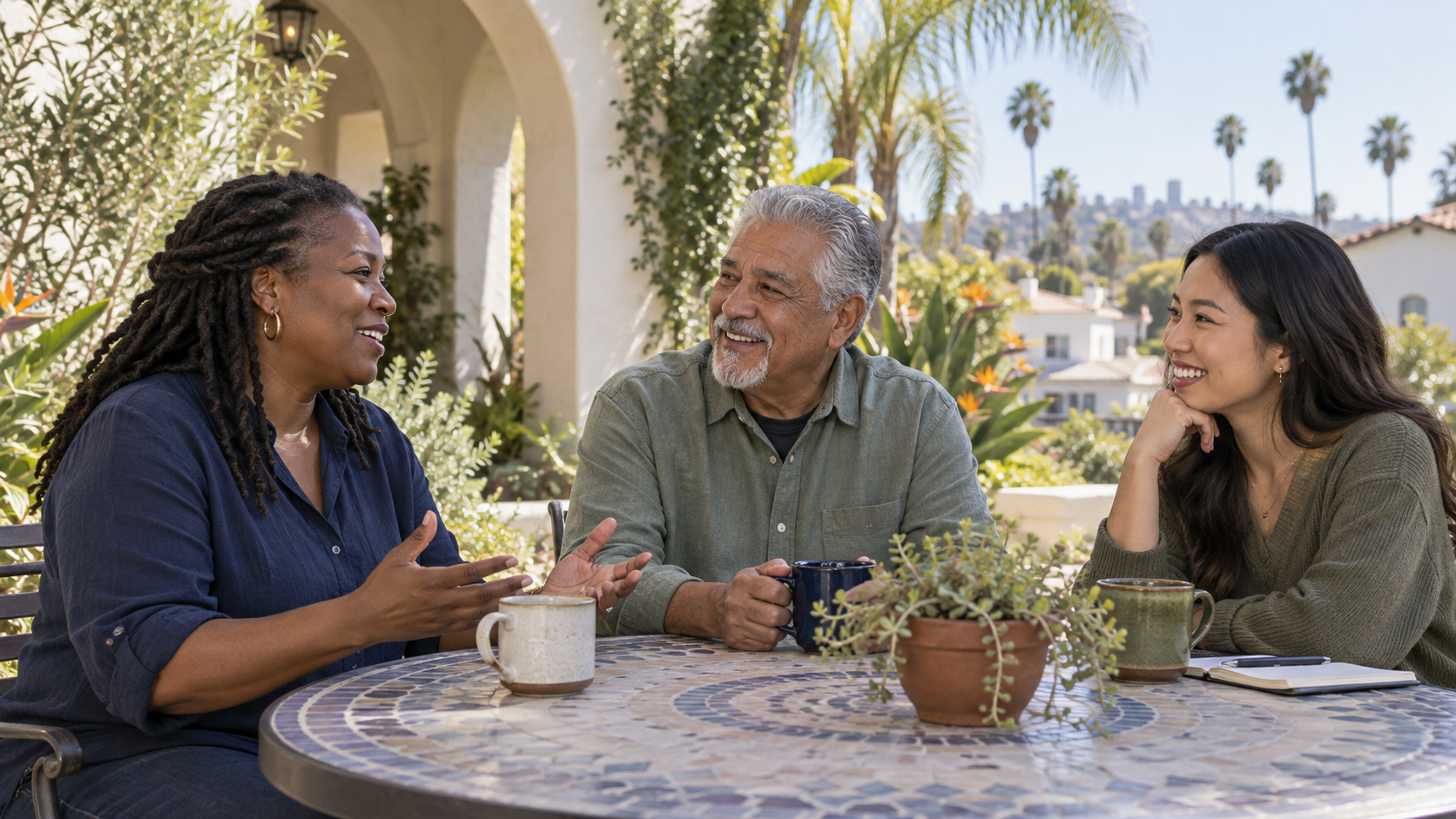 AI-generated illustration of three adults sharing a welcoming conversation in a Los Angeles courtyard.