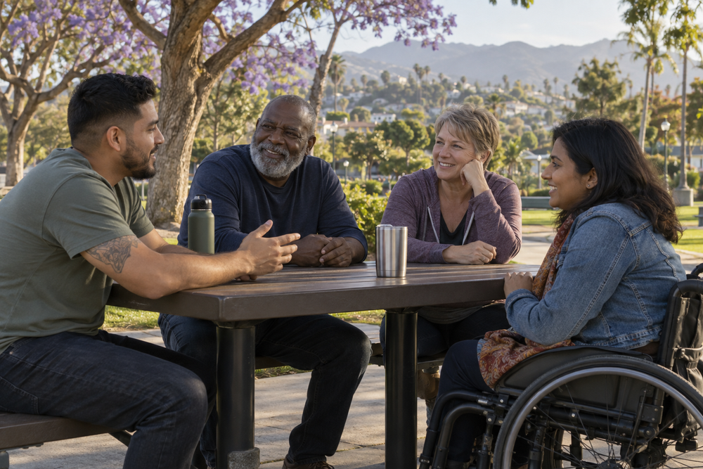 A diverse group of adults, including a wheelchair user, talking together in a leafy neighborhood park.