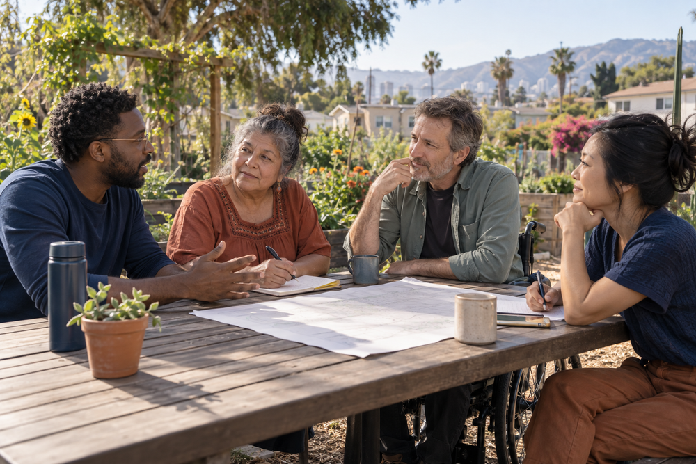 A diverse group, including a wheelchair user, discussing plans around a table in a Los Angeles community garden.
