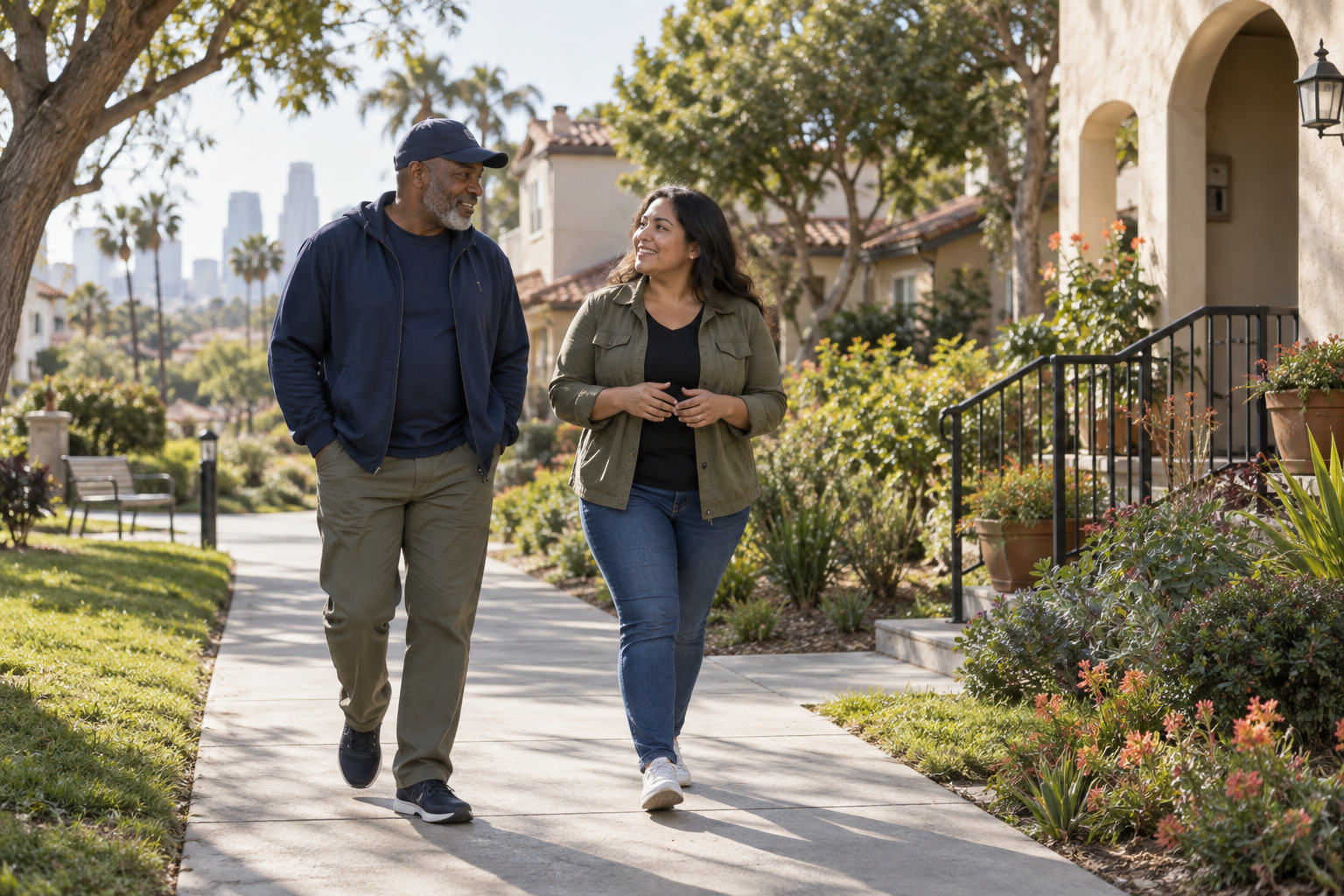 AI-generated illustration of two adults walking together through a leafy Los Angeles residential neighborhood.