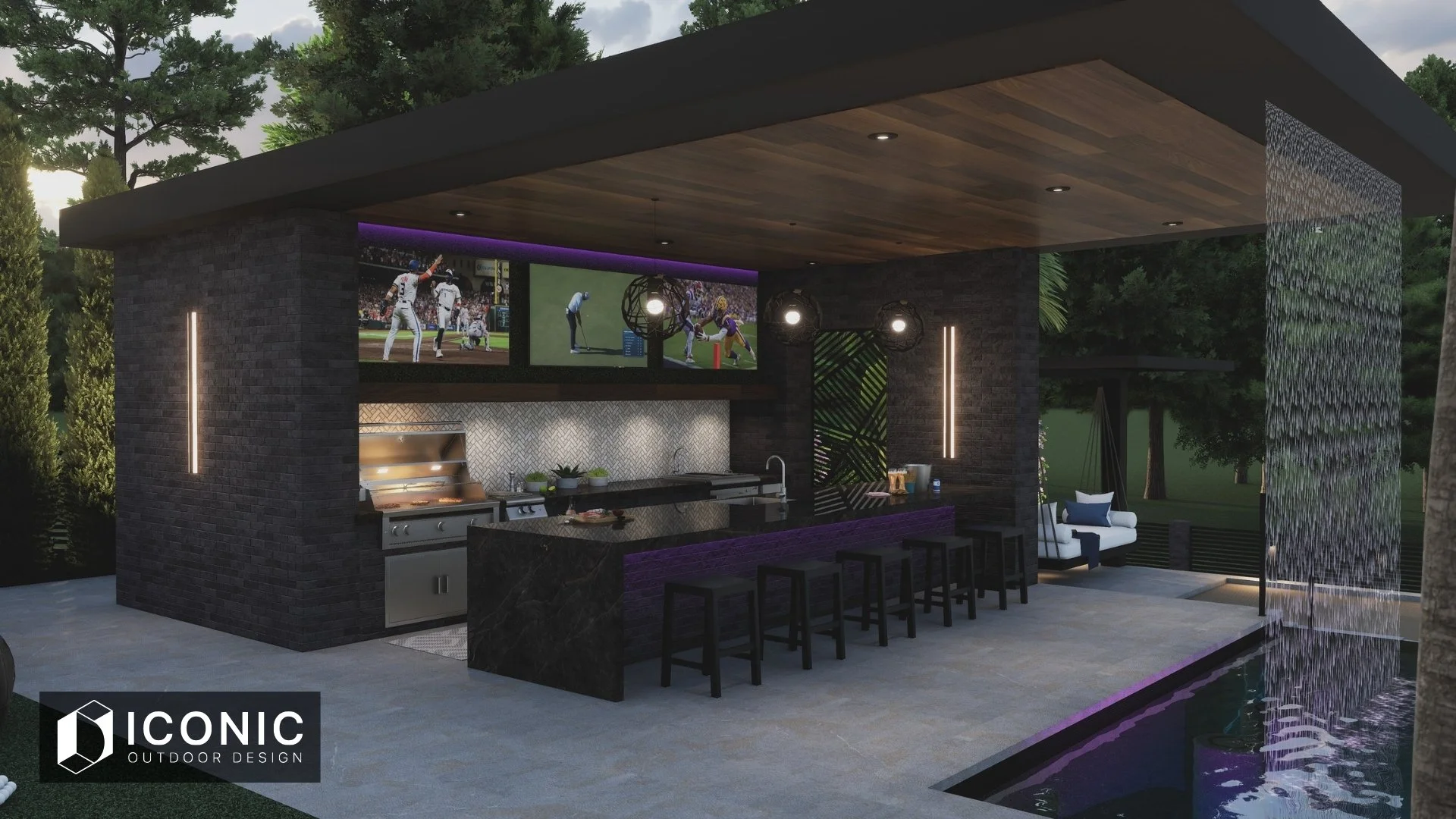 Outdoor kitchen and entertainment area with three screens showing football games, a barbecue grill, bar seating, and a seating area with a swing chair, surrounded by trees, with a water feature and waterfall.