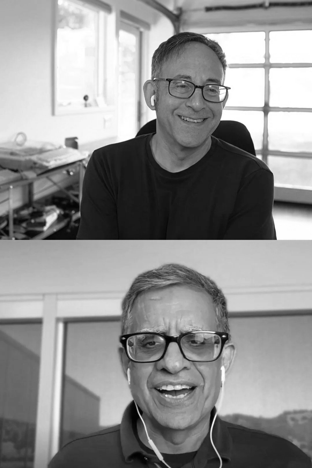 Two black and white photos of a man with glasses, earphones, and short hair. The top photo shows him smiling with a background of a room with windows, a door, and shelves. The bottom photo shows him with a surprised or confused expression in a different indoor setting.