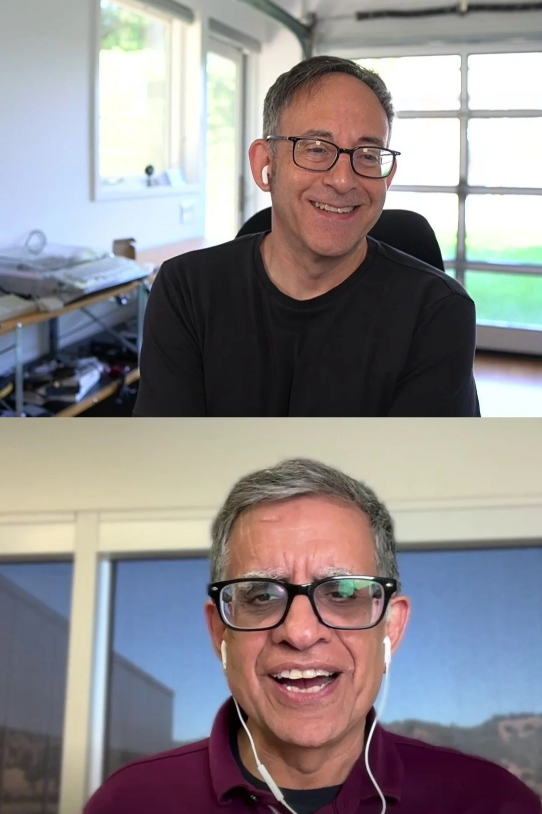 Split-screen photo of two men, both wearing glasses and earbuds, in different indoor settings, smiling at the camera.