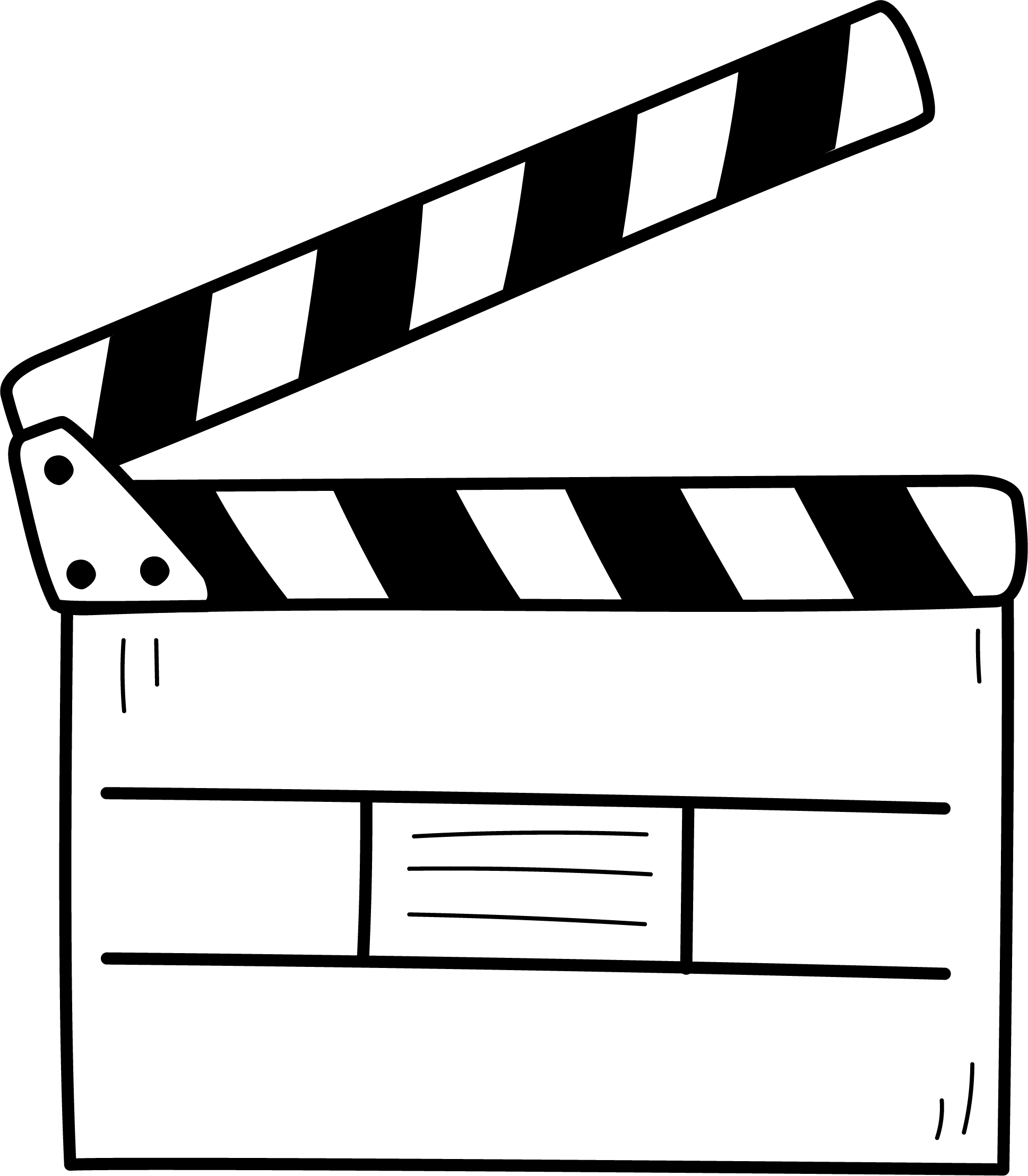 Schwarz-weiß-Zeichnung eines Filmklappers mit mehreren nummerierten Klappenseiten, typisch für die Filmindustrie.
