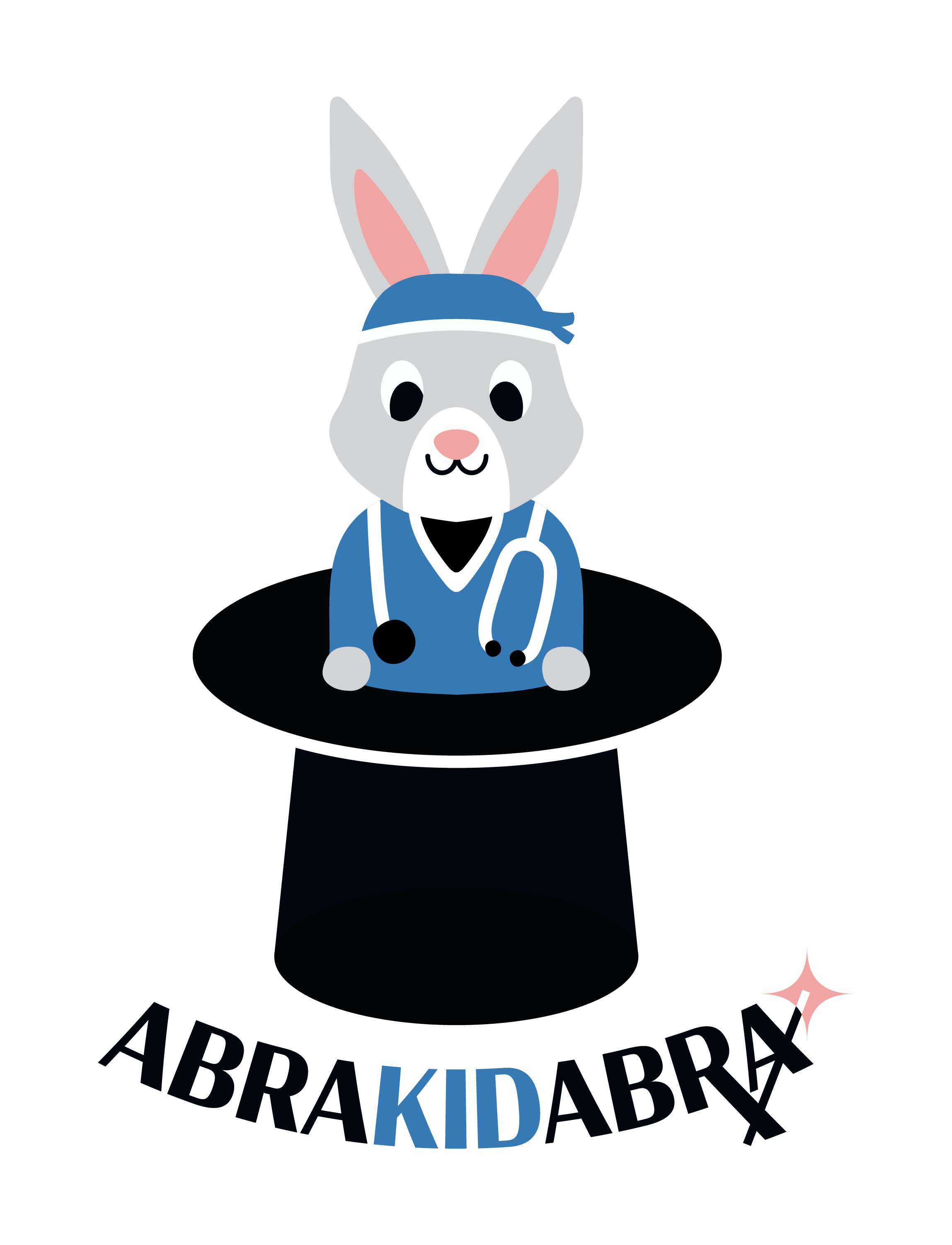 Cartoon bunny character wearing a blue bandana and a blue jacket, with the word 'KIDABA' curved underneath and a pink star sparkle to the right.