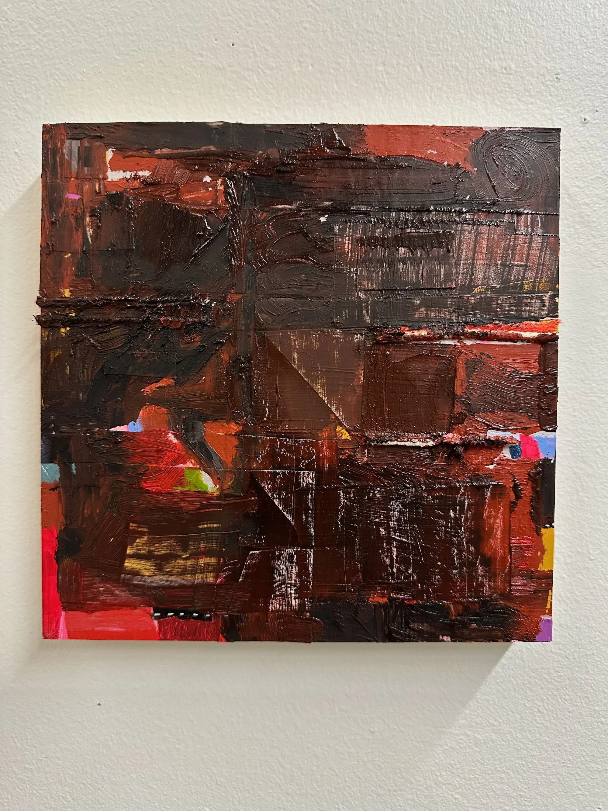 Uber Reds, acrylic, oil and collage on cradled panel, 8 x 8 in.