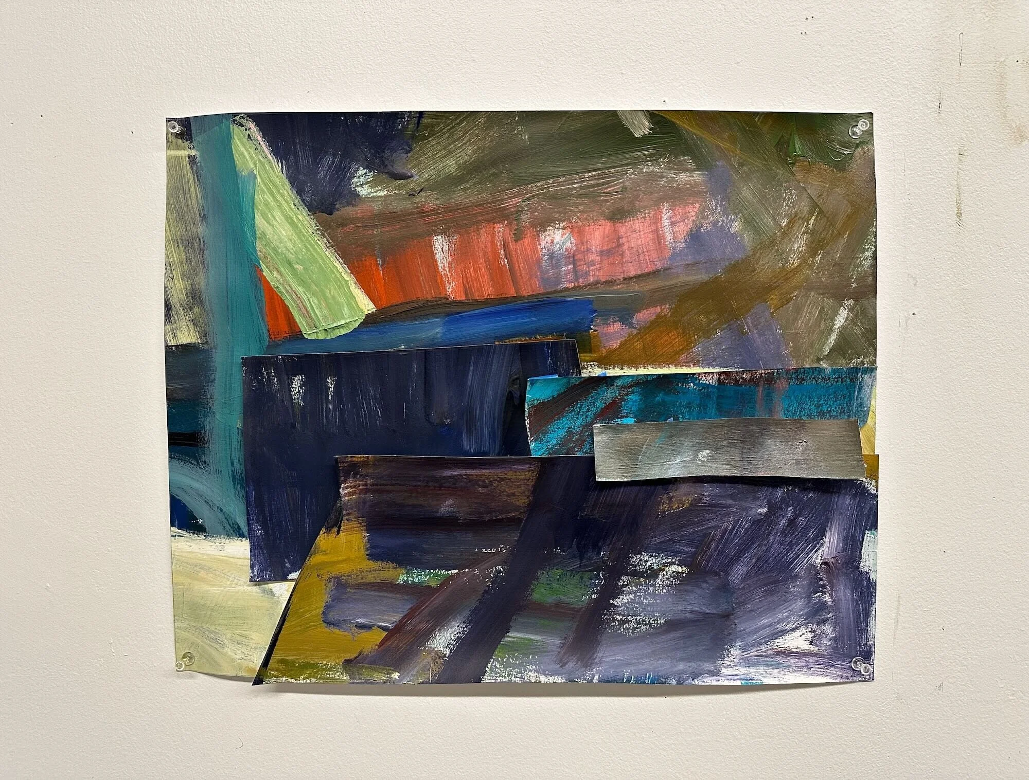 Compression factor, acrylic and collage on paper, 16 x 20 in.