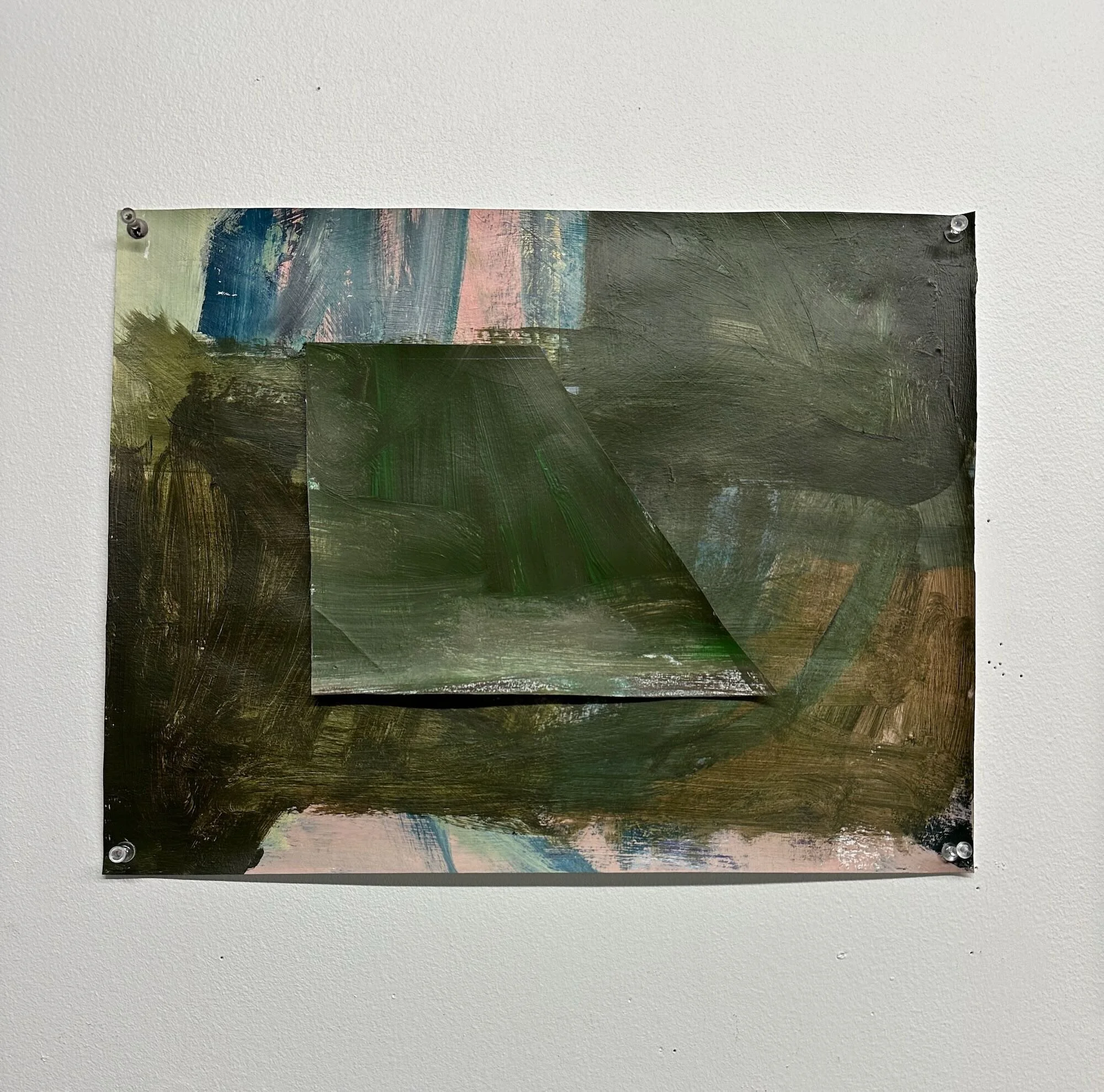 Pond green, acrylic and collage on paper, 16 x 20 in.