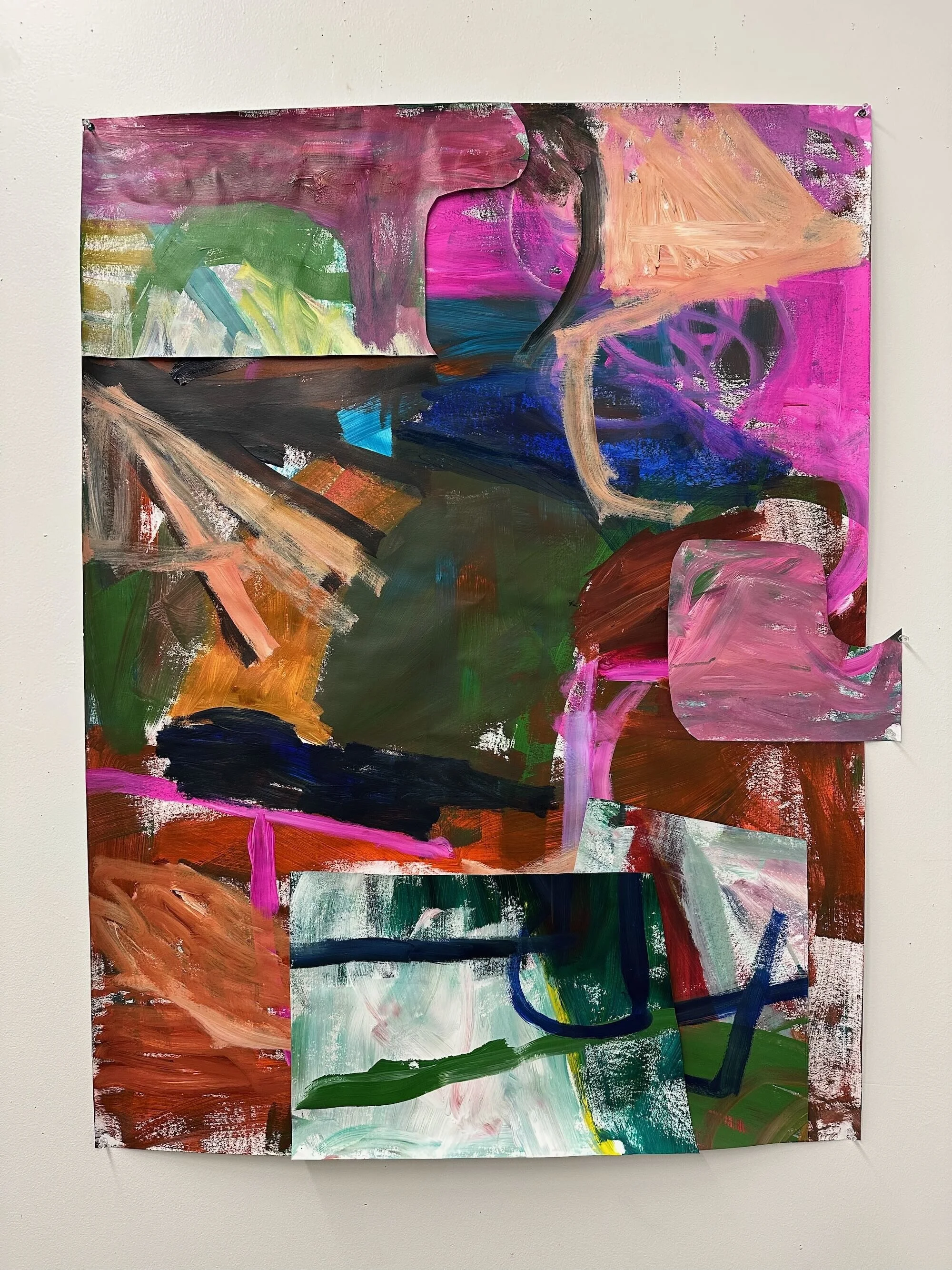 Garage pink, acrylic and collage on paper, 48 x 36 in.