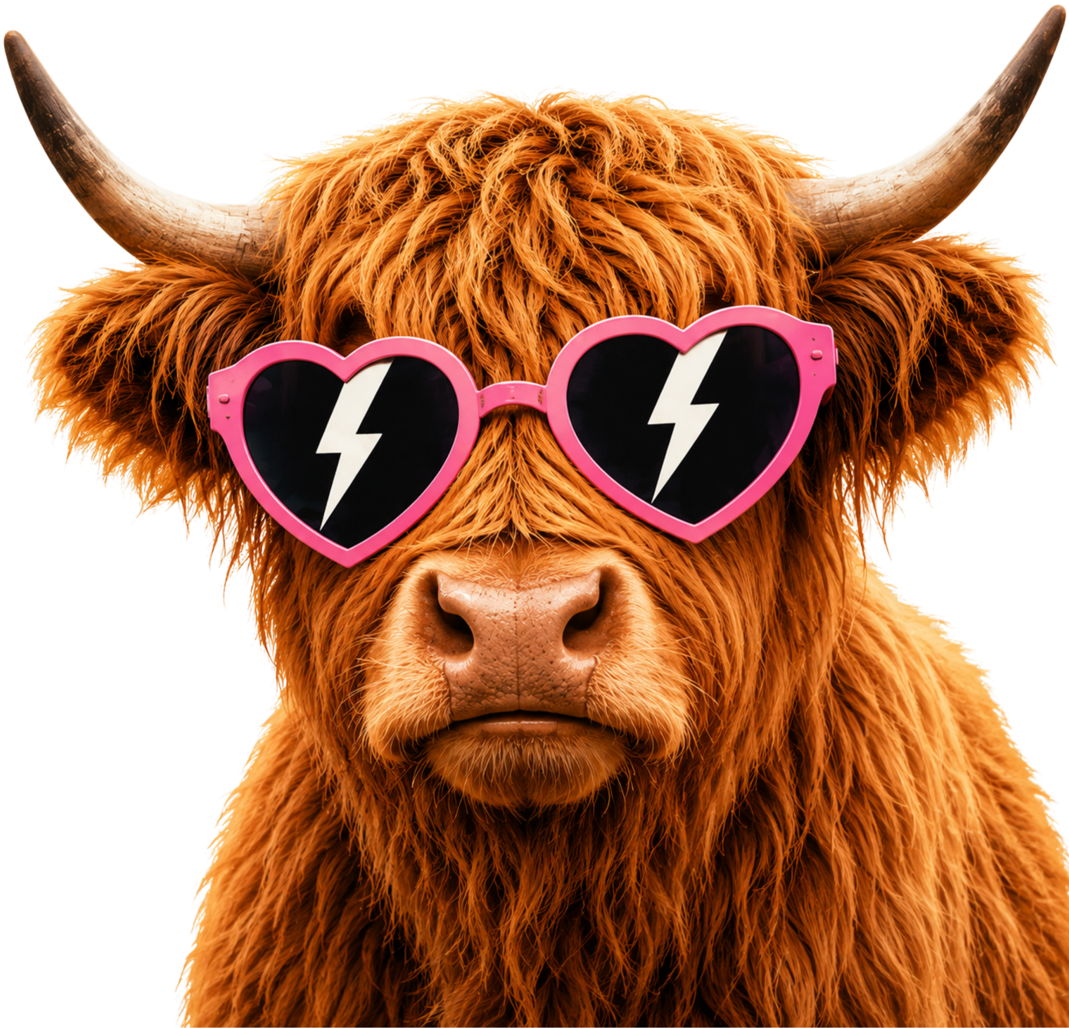 A furry orange Highland cow wearing pink sunglasses with lightning bolt symbols on the lenses.