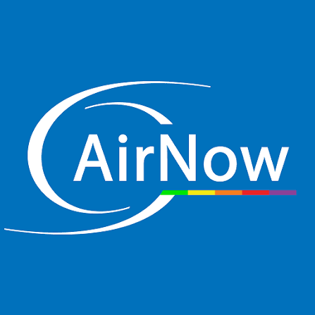 Logo of AirNow with a blue background, white text, and a multicolored stripe underneath.