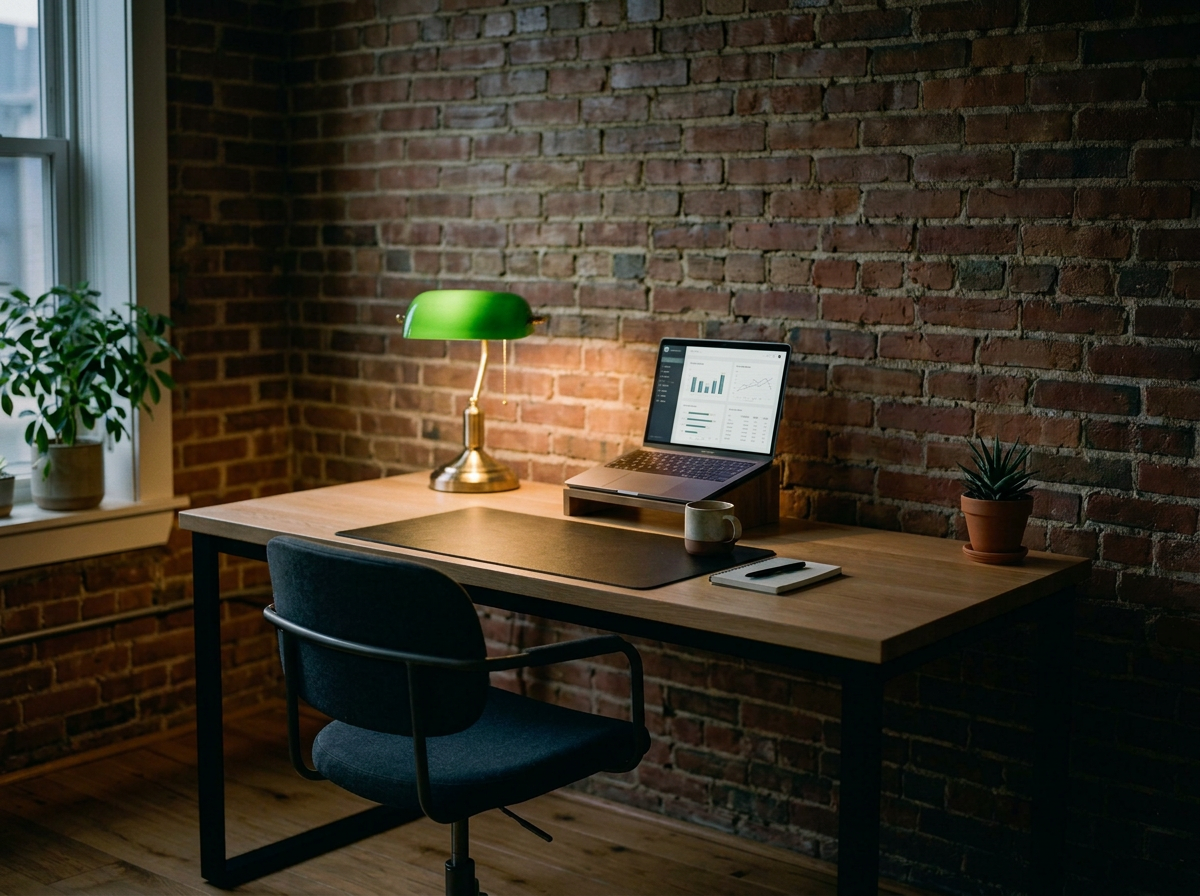 A green banker's lamp lit beside a laptop showing financial dashboards on a wooden desk.