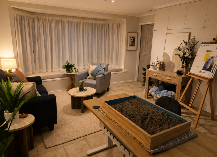 Cozy living room with a black and a gray armchair, small round wooden tables, a beige rug, and a window with white curtains. There are plants, framed pictures, a wooden sideboard with flowers, and an easel with artwork.