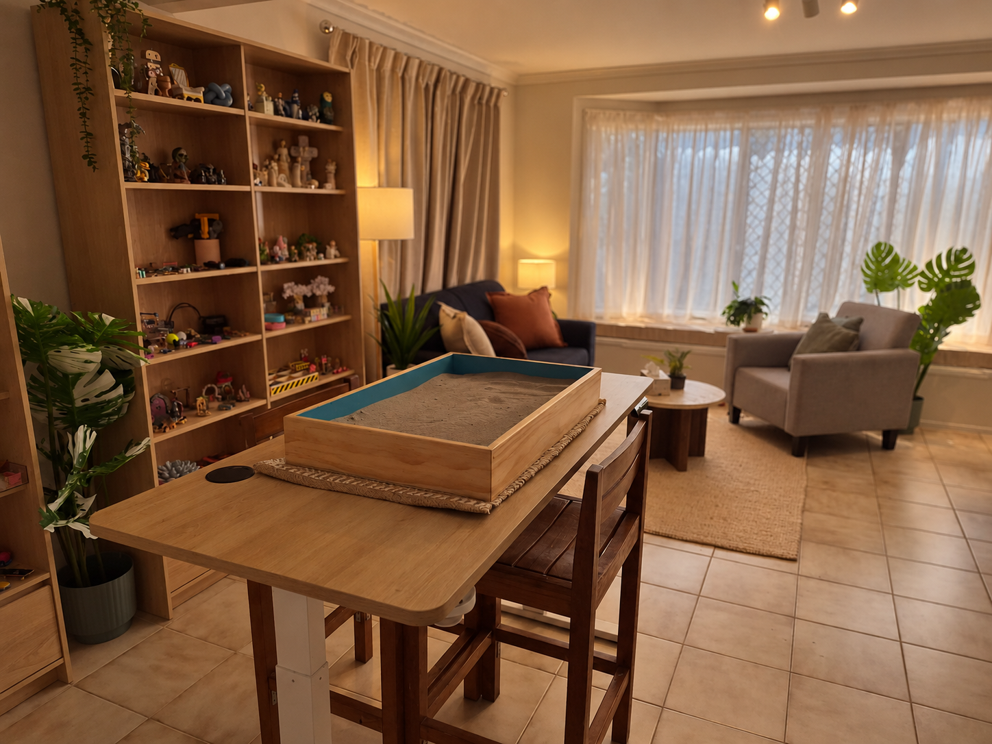Living room with a table game tray on a wooden dining table, a bookshelf filled with toys and figurines, a gray armchair, a black sofa with cushions, a small round wooden coffee table, potted plants, and sheer curtains covering large windows.