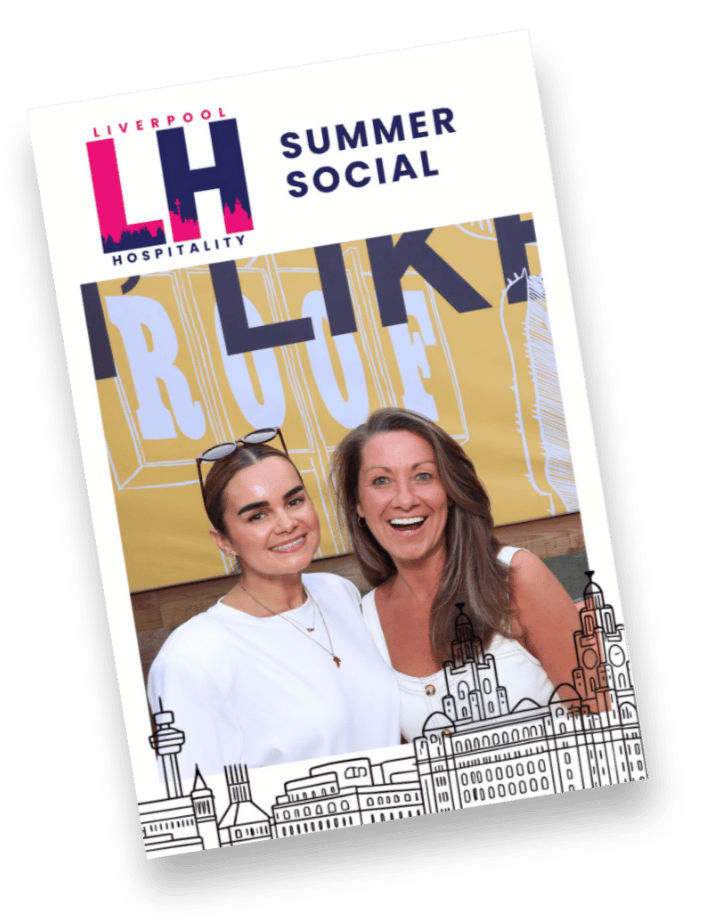 Photo of two women smiling at an event, with a yellow background featuring illustrative skyline and the word "Roue" in large letters, promoting Liverpool Hospitality Summer Social. Taken by Nook booth Photo Booth.