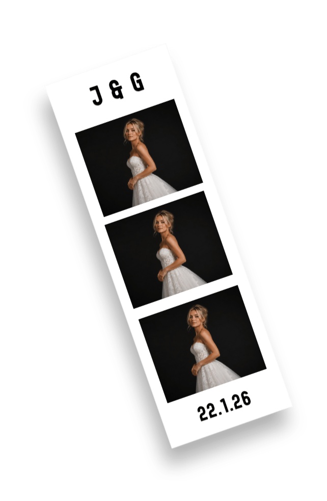 Photobooth strip with three images of a woman in a white wedding dress against a black background, with the date 22.1.26 at the bottom and the initials J & G at the top.Taken by Nook booth Photo Booth