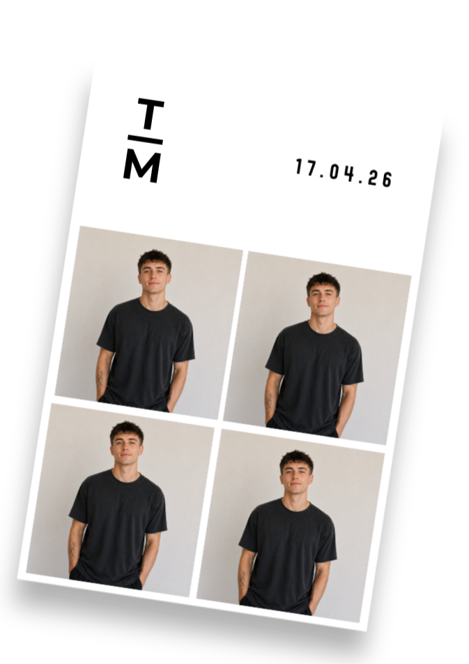 A collage of four images of a young man with short dark hair, wearing a black t-shirt, against a neutral background. The collage is tilted and includes the text "T / M" at the top left, and the date "17.04.26" at the top right. Taken by Nook booth