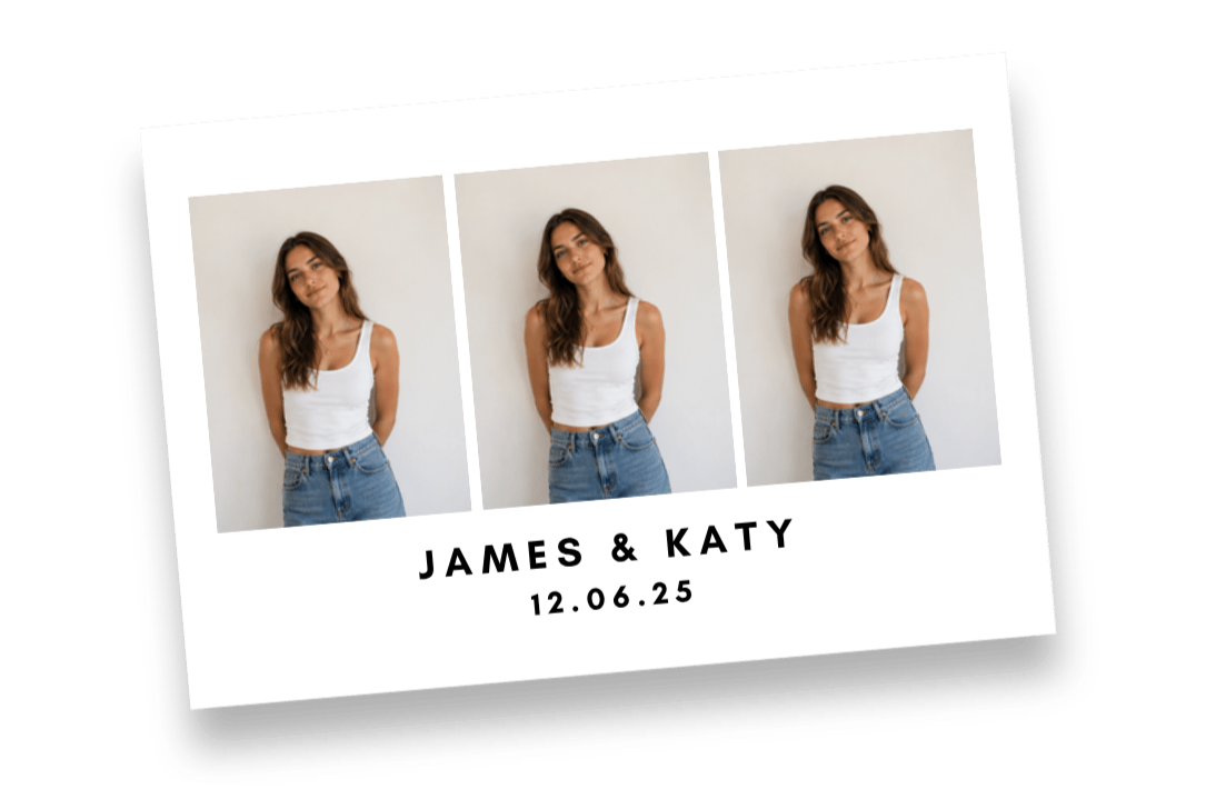 A photo booth-style collage of three pictures of a young woman with long brown hair, wearing a white tank top and blue jeans, with text below reading "James & Katy, 12.06.25". Taken by Nook booth Photo Booth