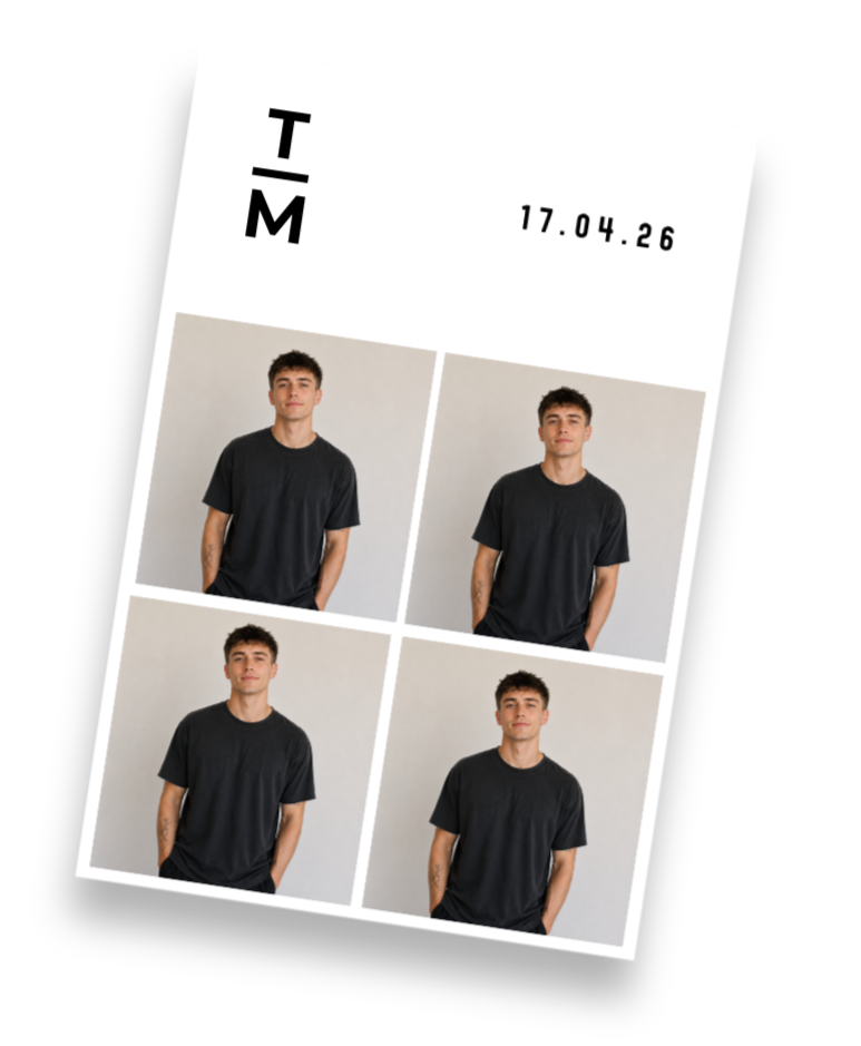 A contact sheet with four photos of a young man with short dark hair, wearing a black T-shirt, standing against a plain light gray background.