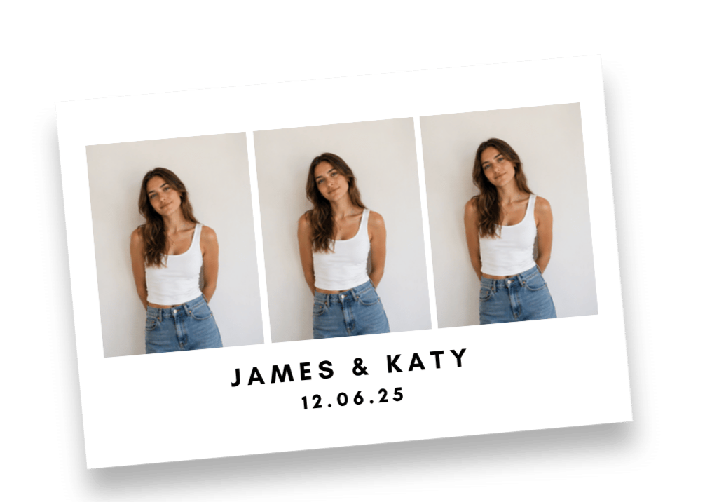 Photo collage of three identical images of a young woman with long brown hair, wearing a white tank top and blue jeans, standing against a plain light-colored background. The collage is titled with the names 'James & Katy' and the date '12.06.25'.