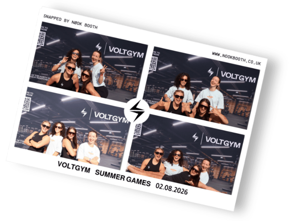 Four photo booth pictures of a group of women in a gym, with 'VOLTGYM' branding and the date 02.08.2026, named 'SUMMER GAMES.' Taken by Nook booth Photo Booth.