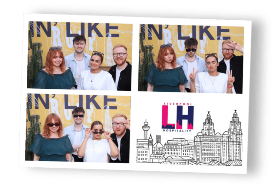 A photo booth strip with three pictures of four people at an event with a yellow "IN LIKE" backdrop, graffiti, and cactus decorations. The bottom right features a Liverpool-themed graphic with buildings and a "Liverpool Hospitality" logo.
