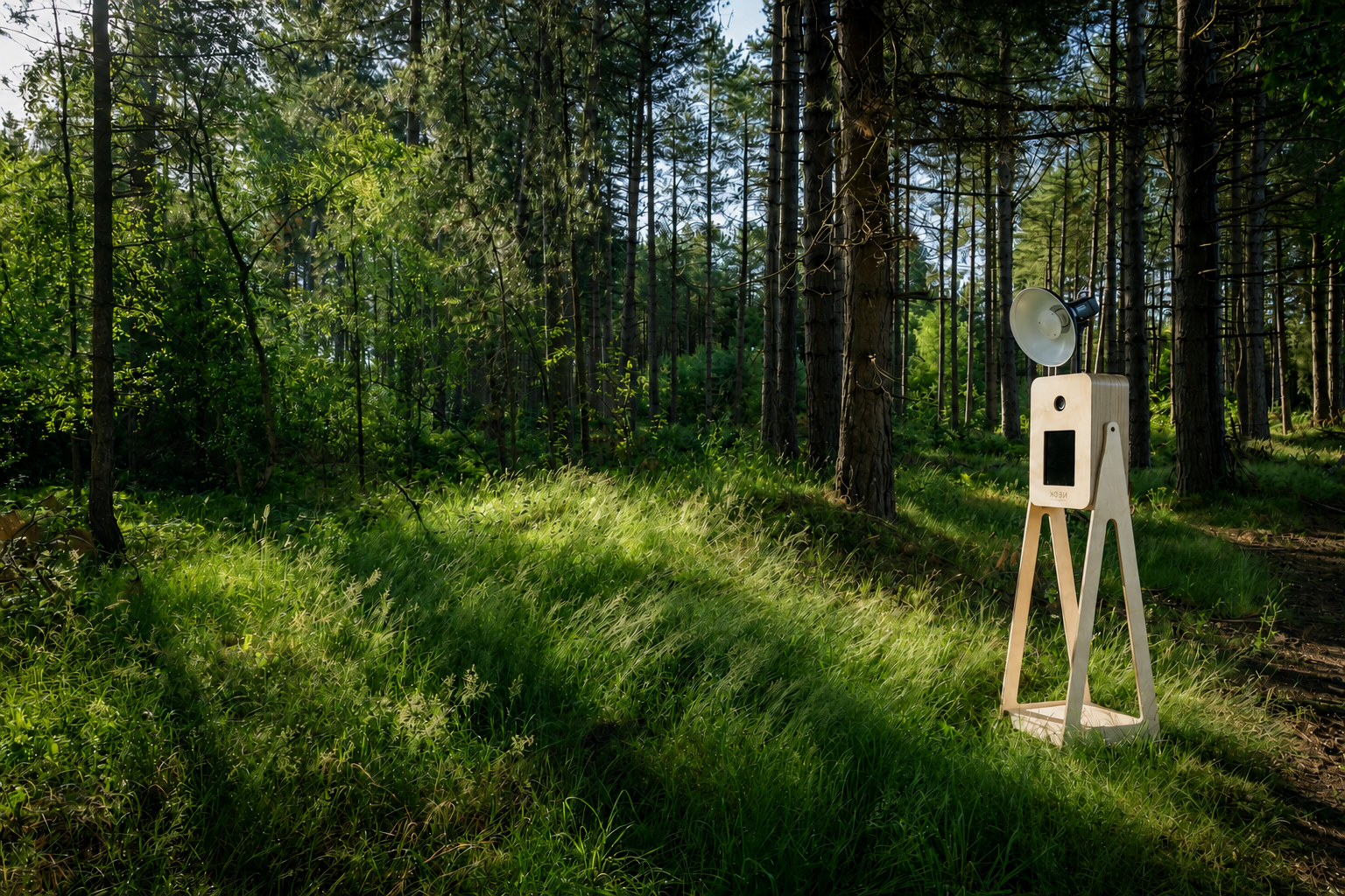 Nook booth Photo Booth, with tall trees and green foliage in the background.