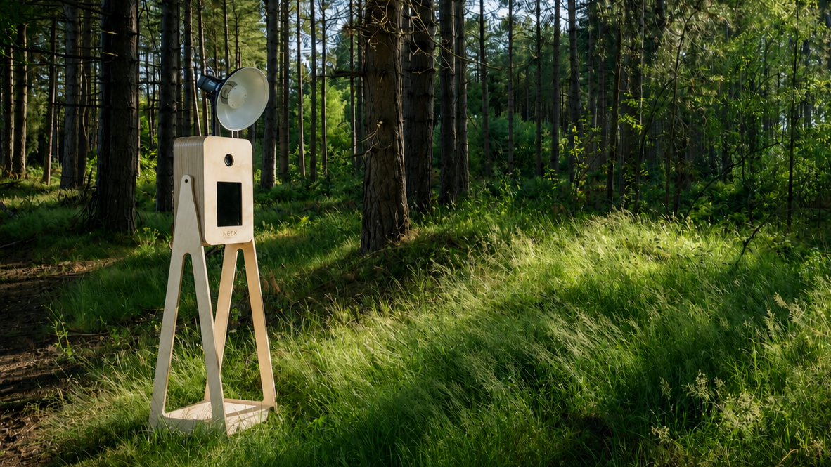 A wooden photo booth with a speaker and a screen on a grassy forest floor, surrounded by trees and sunlight.