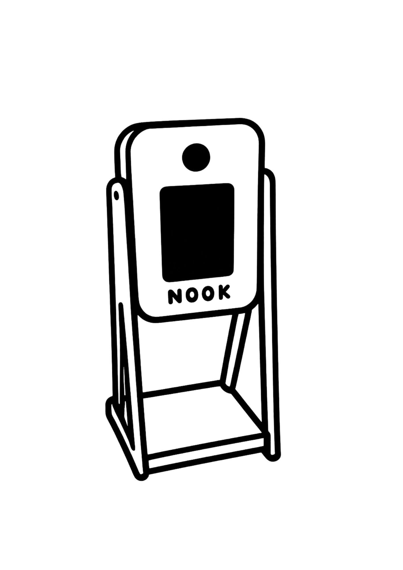 Outline of a smartphone with a camera icon on the screen, positioned above a stand or holder.