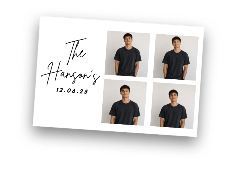 A photo collage featuring four individual portraits of a young man with short hair wearing a black t-shirt. The collage includes the words "The Hanson’s" in cursive, and the date "12.06.25" underneath. The background of the collage is white, and it is set against a black backdrop.