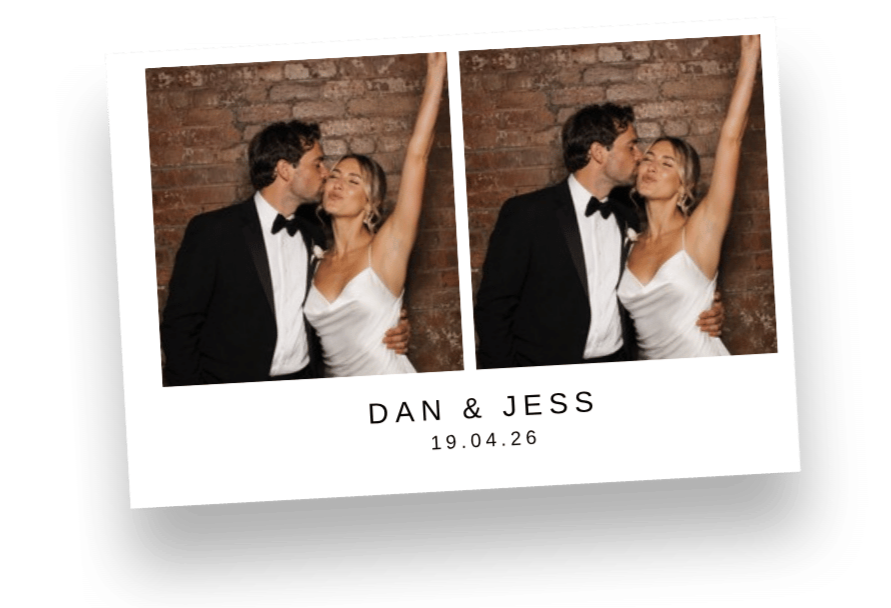 A couple in formal attire, with the man in a tuxedo and the woman in a white dress, sharing a kiss against a brick wall, captured in a photo booth strip. Text reads 'DAN & JESS' with the date '19.04.26'. Taken by Nook booth Photo Booth