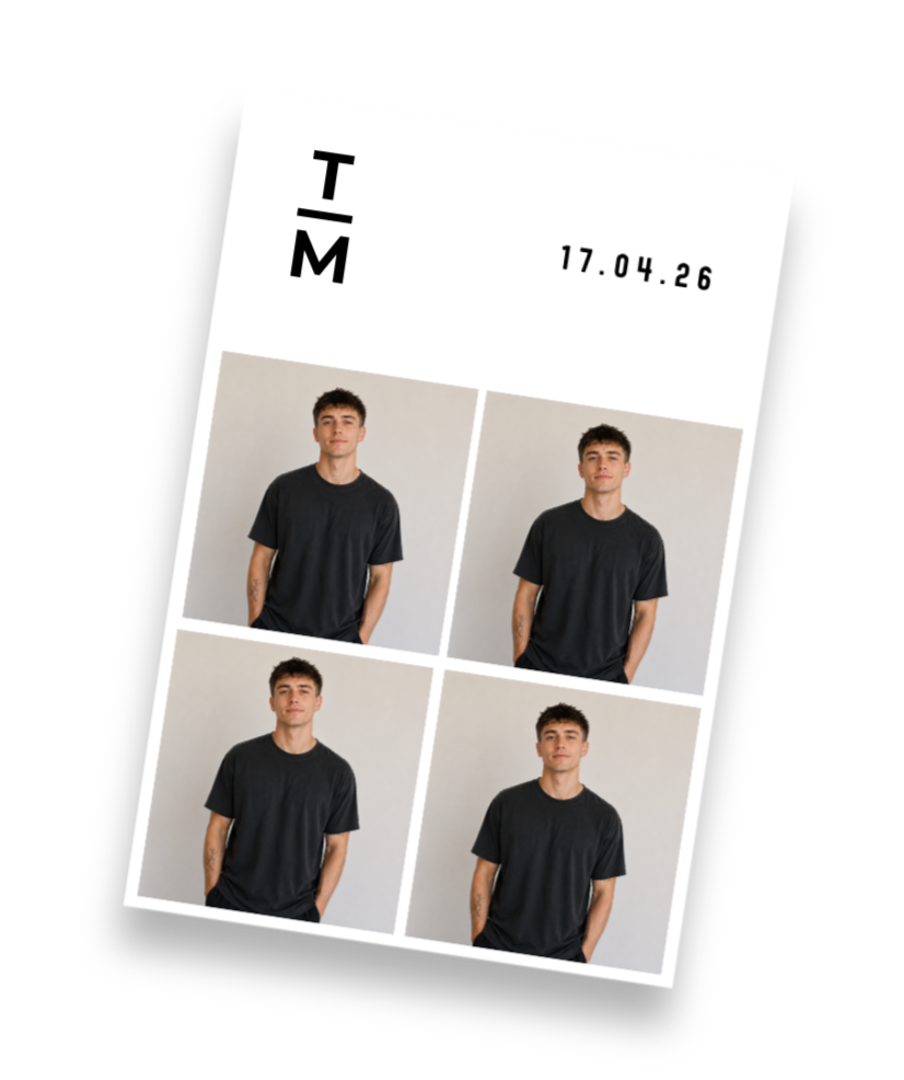 A contact sheet with four photographs of a young man wearing a black t-shirt, standing against a plain light background. The photos are arranged in a 2x2 grid, showing slight variations in his pose. The top left corner of the sheet has the initials 'T M' and the date '17.04.26' in black text.