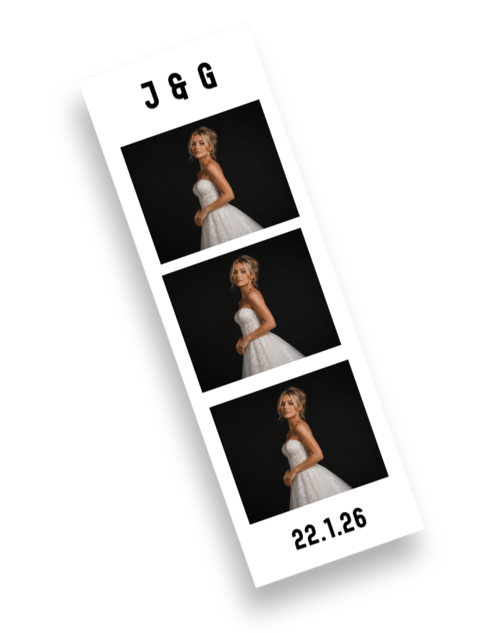 A photo booth strip with three images of a blonde woman in a white wedding dress against a black background. The strip has the text "J & G" at the top and the date "22.1.26" at the bottom. Taken by Nook booth Photo Booth.