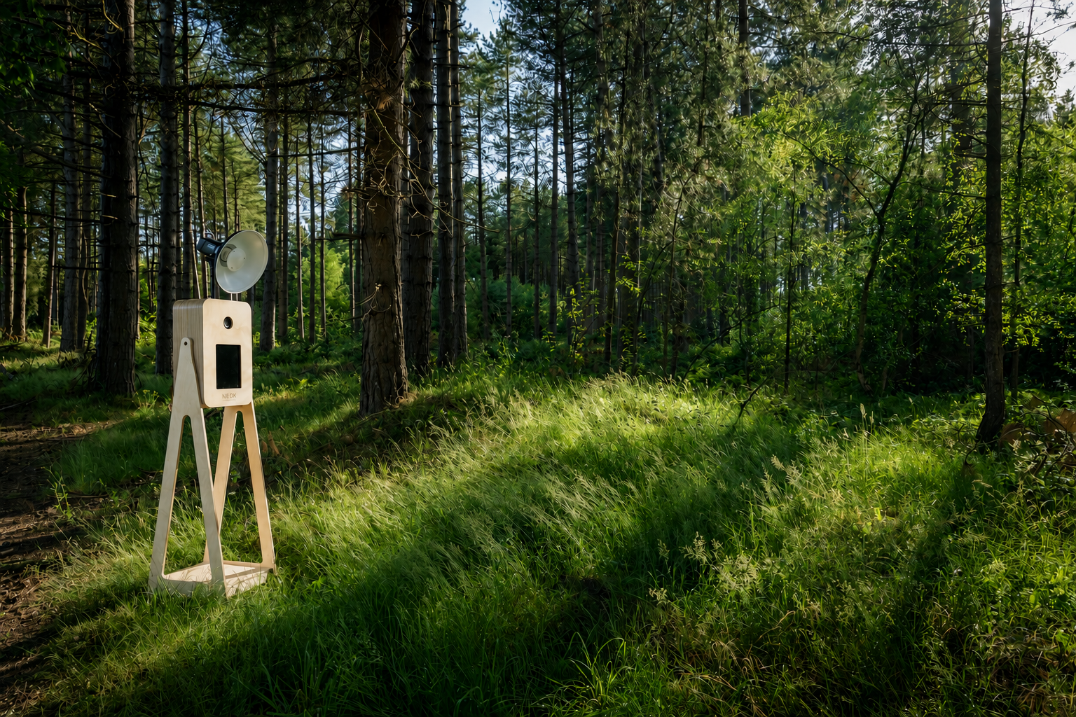 A wooden device with a small screen and a megaphone attached stands on grassy forest ground with tall trees and sunlight streaming through the leaves.