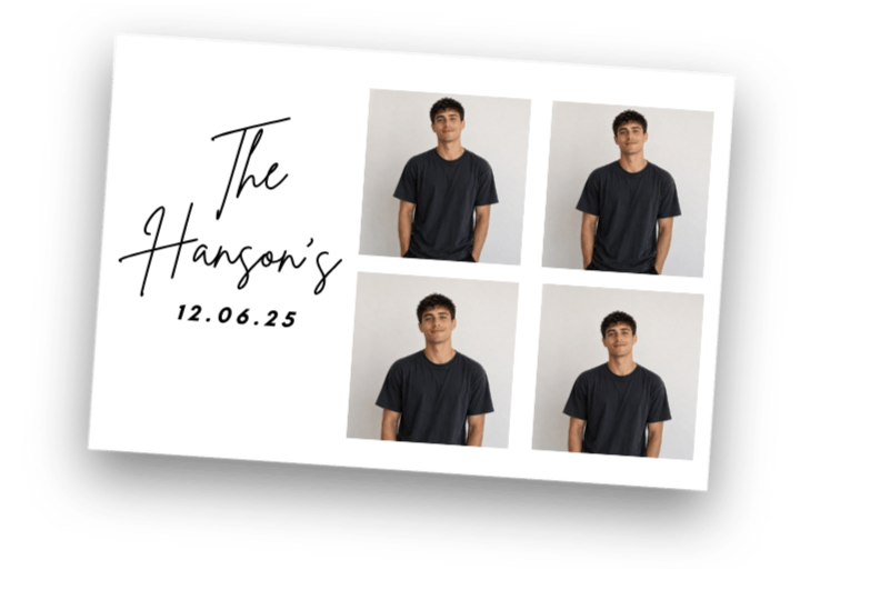 A collage of four photos of a young man with short curly hair and a dark t-shirt, arranged in a 2x2 grid. The collage includes the text "The Hanson’s" and the date "12.06.25", all on a white background with a slight tilt. Taken by Nook booth